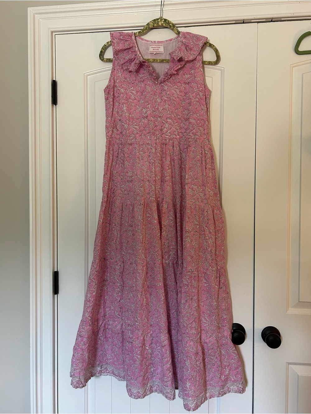 Hampton House Pink Block Print Cotton Tiered Dress Small